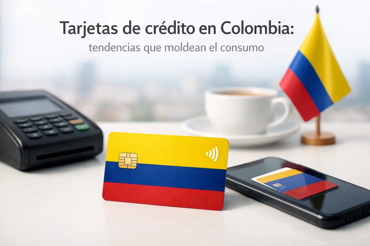 Imagen de una tarjeta bancaria con los colores de Colombia colocada sobre una superficie junto a un datáfono, un teléfono móvil mostrando una tarjeta digital y una taza de café. Al fondo, una pequeña bandera colombiana refuerza el contexto local. La escena representa el uso moderno de tarjetas de crédito en Colombia, destacando la digitalización de pagos, la integración con dispositivos móviles y las nuevas formas de consumo financiero en el país.
