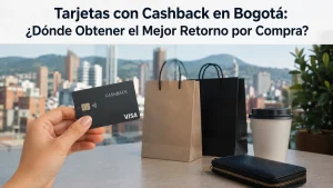 Imagen realista y minimalista sobre tarjetas de crédito con cashback en Bogotá. Una mano sostiene una tarjeta bancaria oscura con la palabra “Cashback”, mientras al fondo aparecen bolsas de compras elegantes, una billetera negra y un vaso de café sobre una mesa moderna. En el fondo se observa el paisaje urbano de Bogotá desenfocado con montañas y edificios de la ciudad. En la parte superior de la imagen aparece el título destacado: “Tarjetas con Cashback en Bogotá: ¿Dónde Obtener el Mejor Retorno por Compra?”.