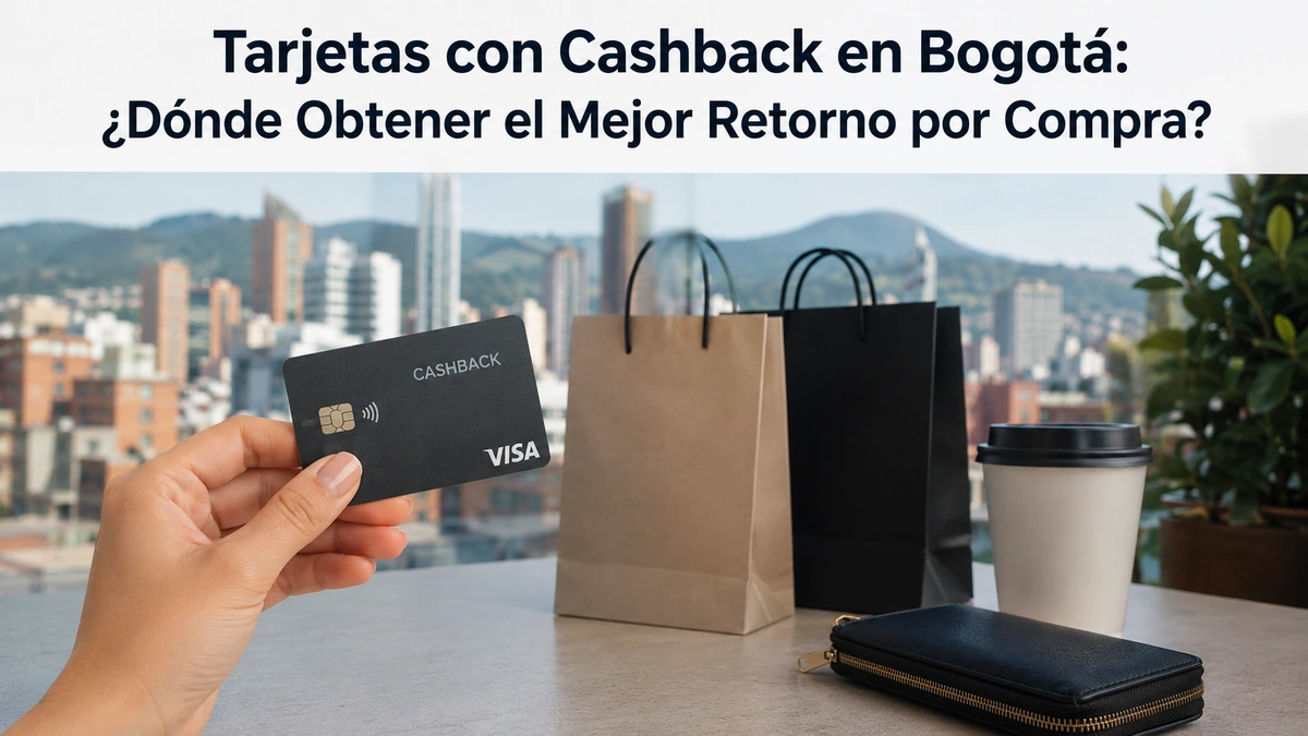 Imagen realista y minimalista sobre tarjetas de crédito con cashback en Bogotá. Una mano sostiene una tarjeta bancaria oscura con la palabra “Cashback”, mientras al fondo aparecen bolsas de compras elegantes, una billetera negra y un vaso de café sobre una mesa moderna. En el fondo se observa el paisaje urbano de Bogotá desenfocado con montañas y edificios de la ciudad. En la parte superior de la imagen aparece el título destacado: “Tarjetas con Cashback en Bogotá: ¿Dónde Obtener el Mejor Retorno por Compra?”.